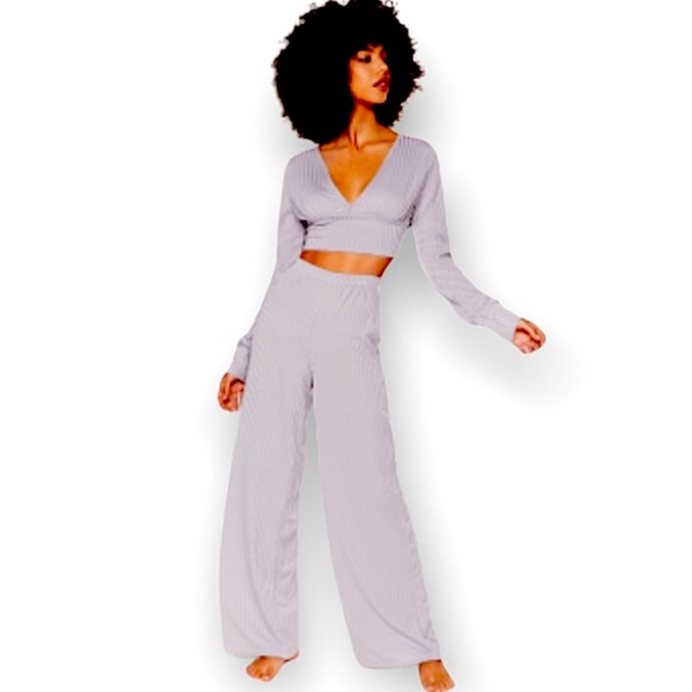 NWT Nasty Gal Time to Chill Ribbed Wide-Leg Trouser Cropped Top Lounge Set Grey
